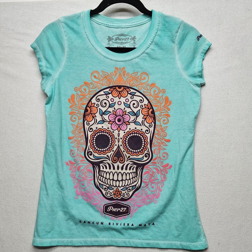 Pier27 Shirt Womens Extra Large Blue Sugar Skull Cancun Riviera Maya Tee Graphic